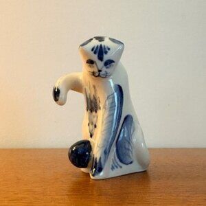 Gzhel Russian Porcelain Cat Figurine with Ball - 3 Inches Tall